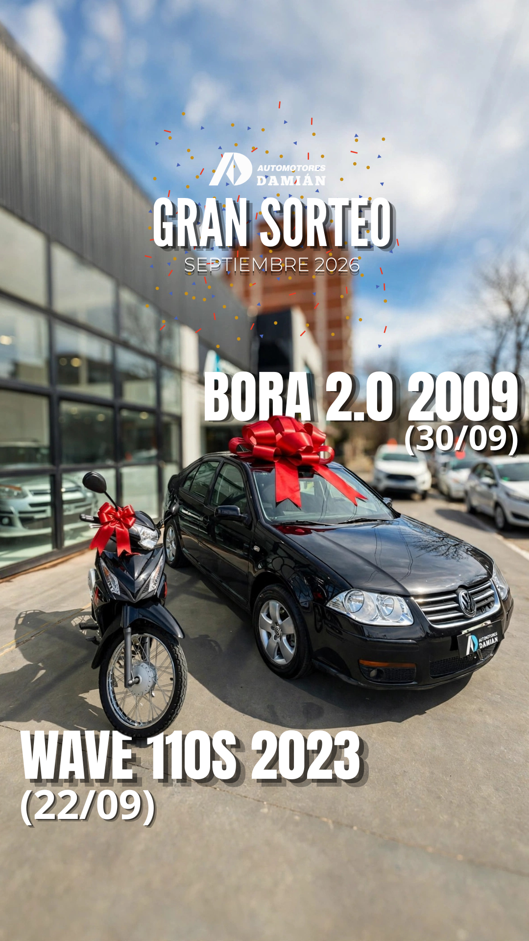 Gran sorteo: Volkswagen Bora 2.0 2009 y Honda Wave 110s 2023 con moños rojos